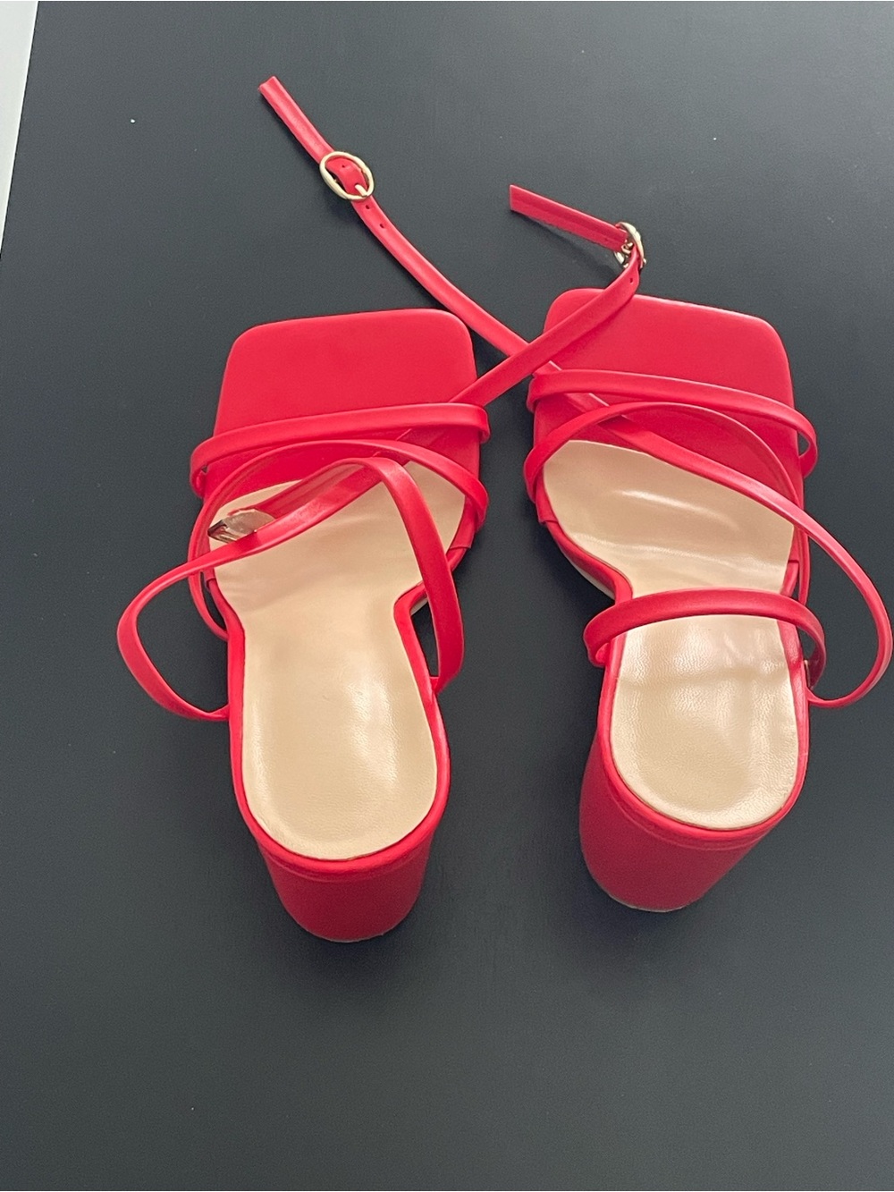 Red Strappy Block Heel Sandals Trendy Square Toe Heels Size 5